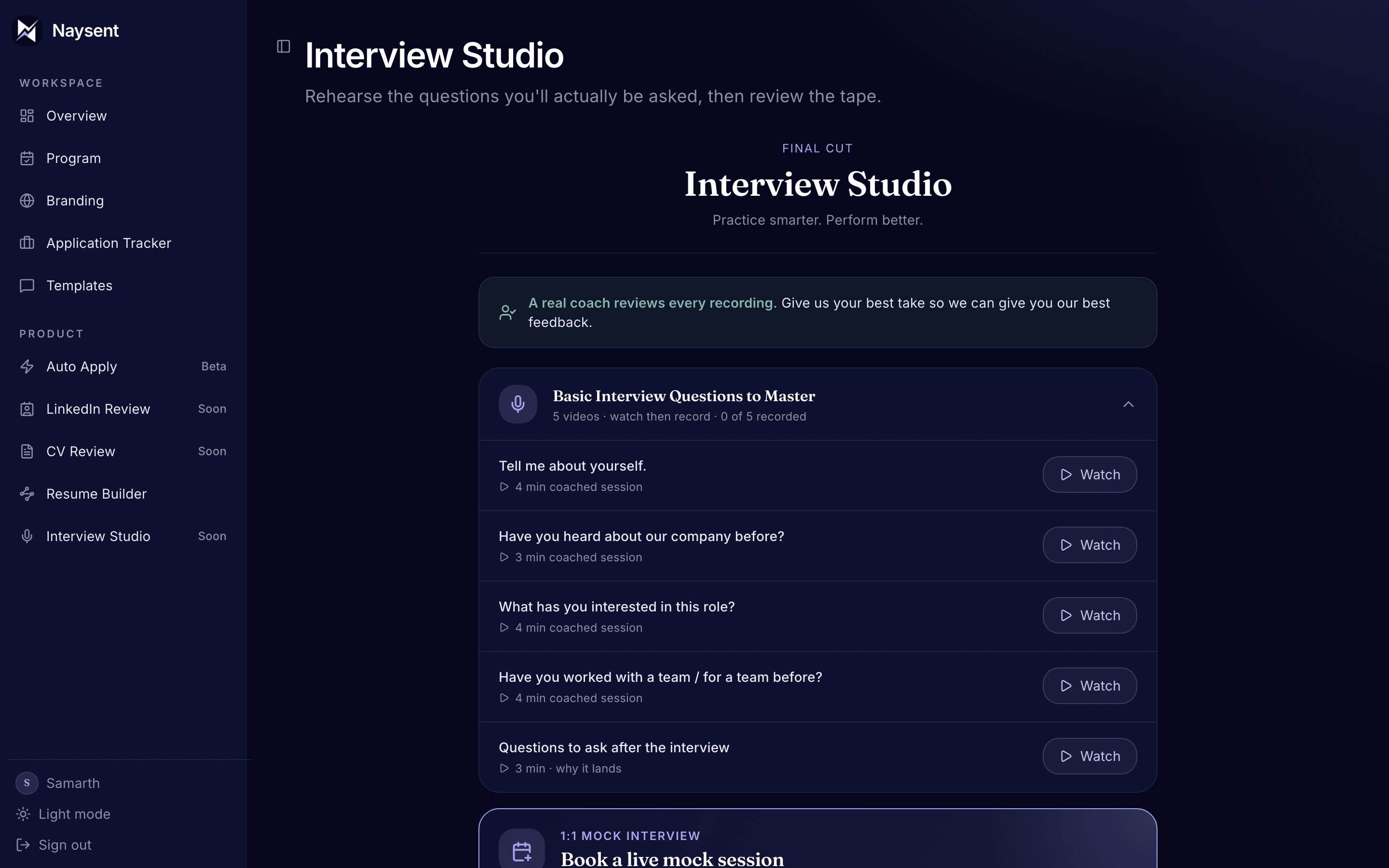 Naysent Interview Studio showing mock sessions and expert booking